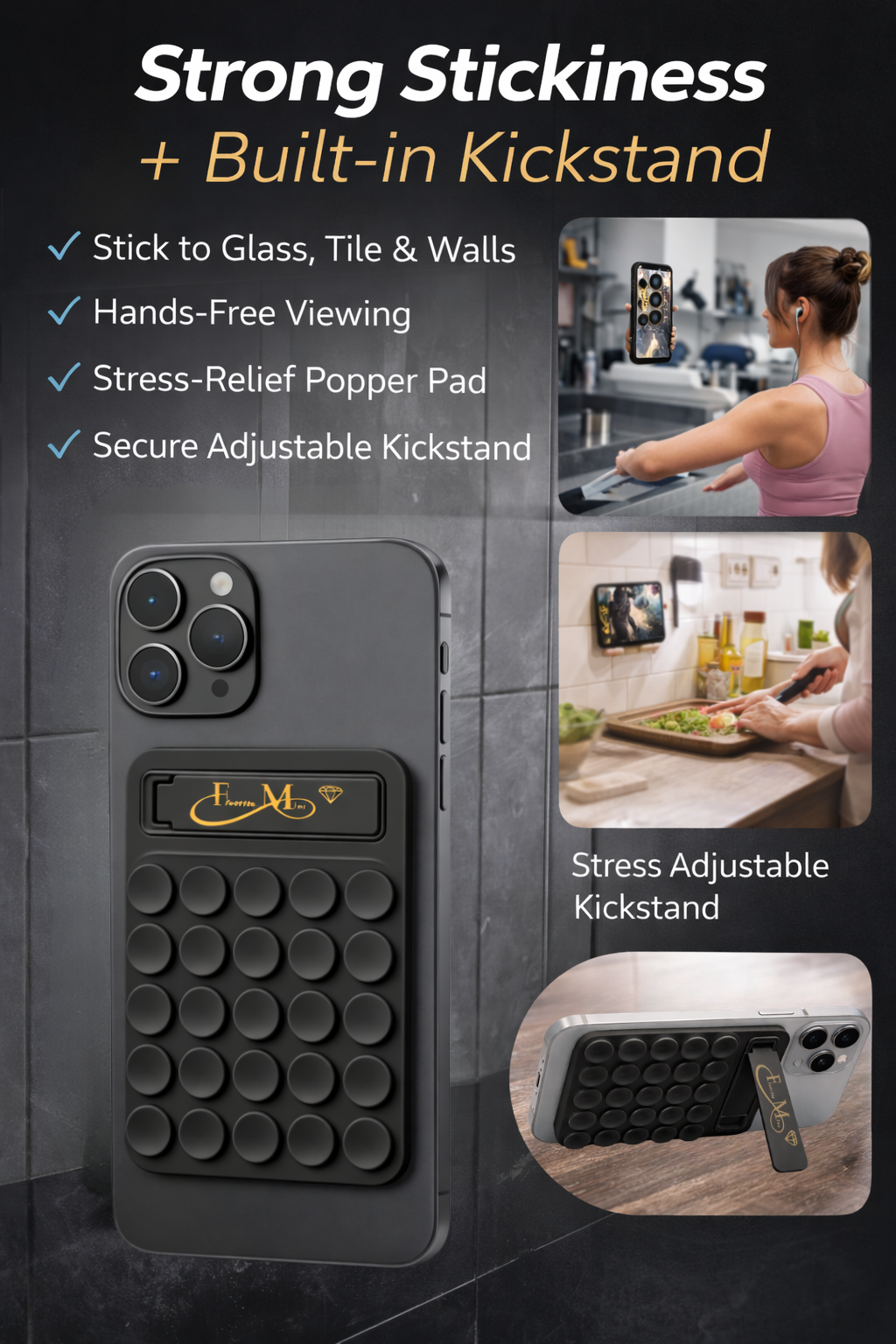 Black Silicone Sticky Phone Grip with Kickstand