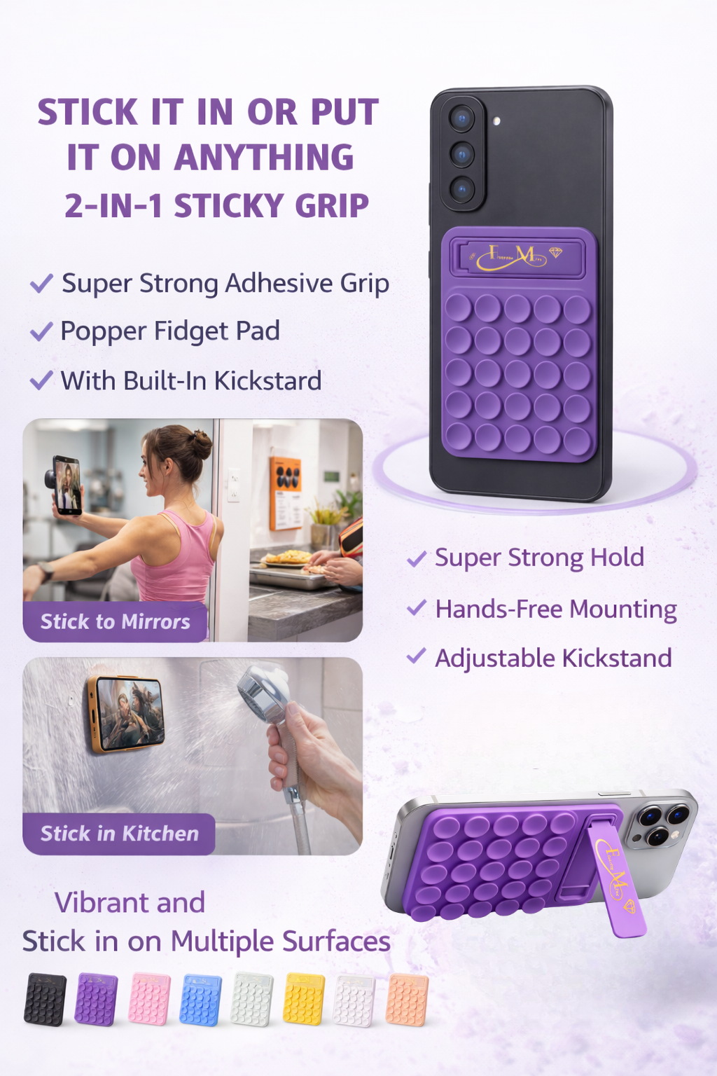 Violet Silicone Sticky Phone Grip with Built-in Kickstand