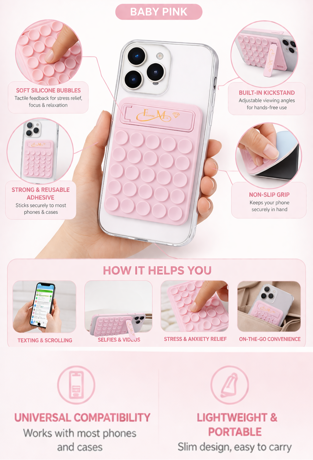 Baby Pink Silicone Sticky Phone Grip with Kickstand