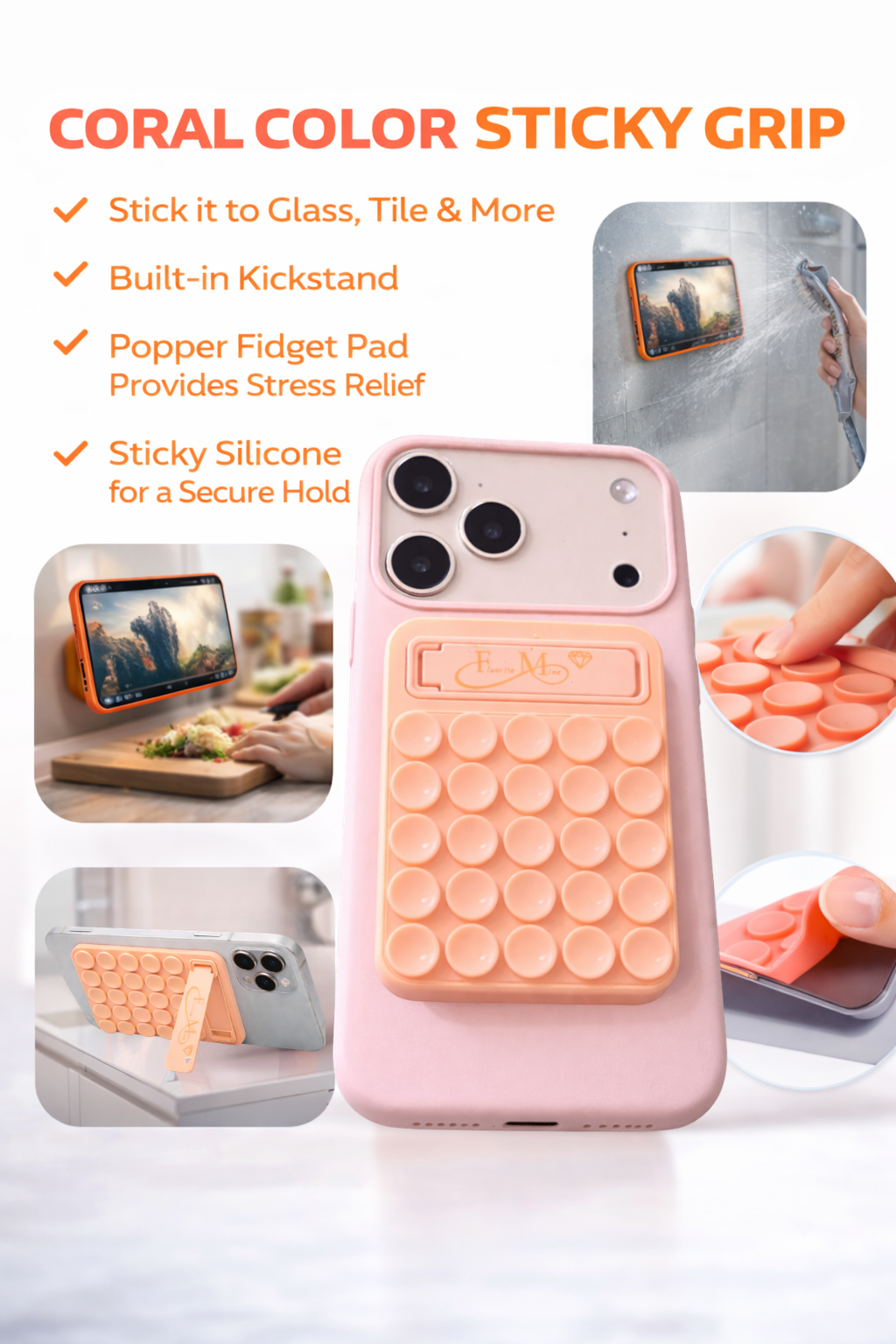 Coral Silicone Sticky Phone Grip with Kickstand